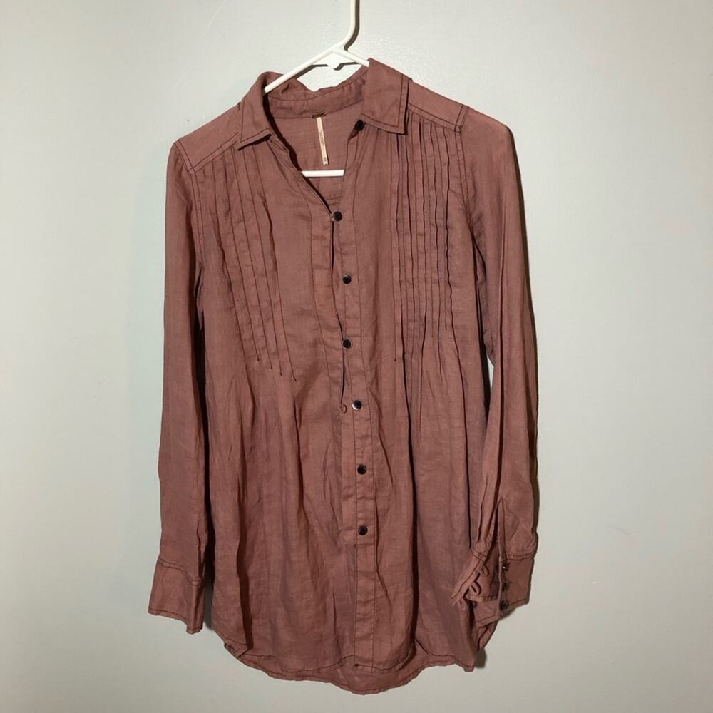 Free People pintuck linen long sleeve button down blouse XS rosy pink peasant